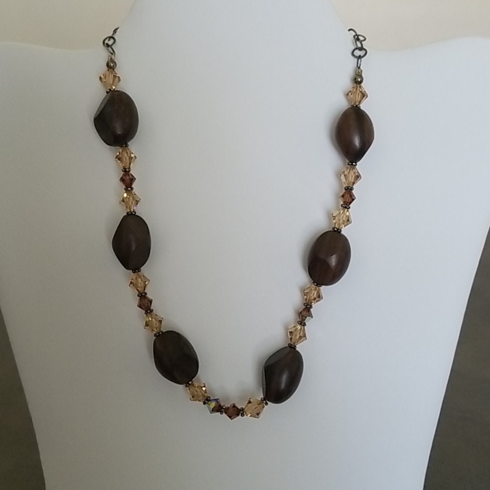 Wooden Bead and Crystal Necklace